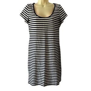 H&M Basic Size L Navy & White Striped Tee Shirt Knit Dress Above Knee Stretch